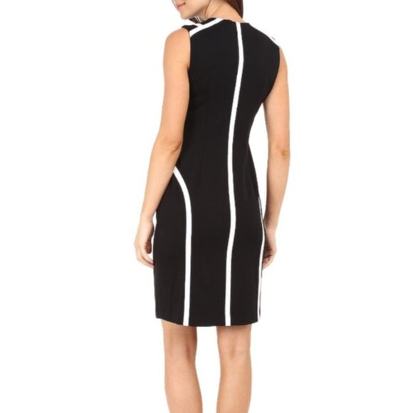 Calvin Klein Sheath Dress 14 Black White Piping Front Zip Sleeveless Career - Picture 2 of 15